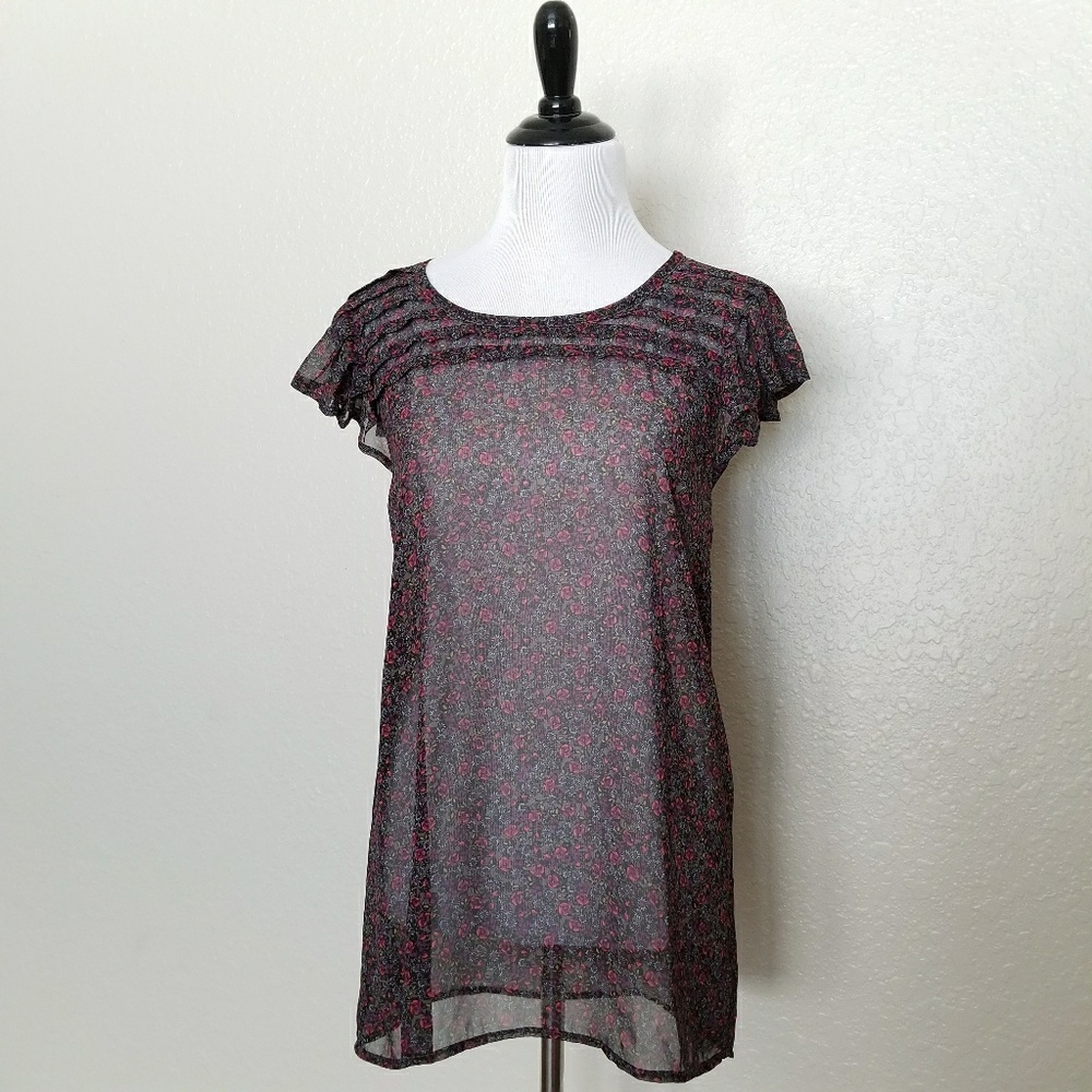 Frenchi Floral Sheer Short Sleeve Blouse Top M
